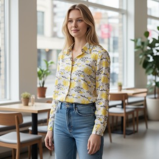 Yellow crane long sleeve silk shirt